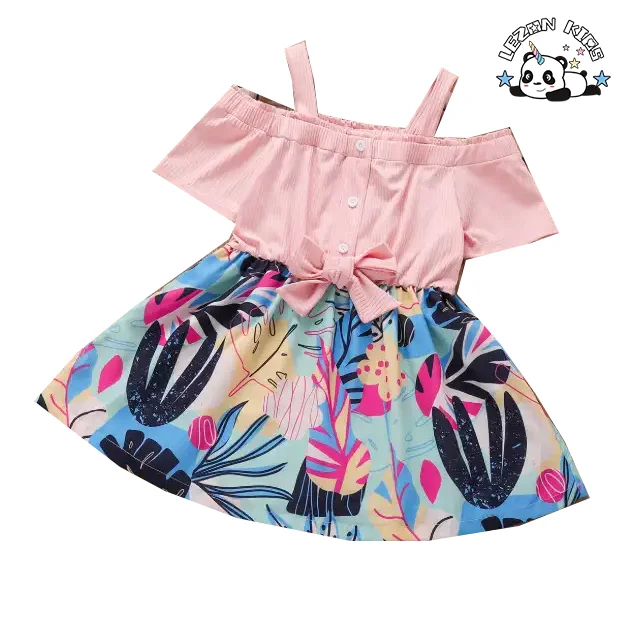 LEZONKIDS - Custom Summertime Installs New Fund Children's Outfit Melting Dew Shoulder Condole Belt Bowknot Girl's Dress